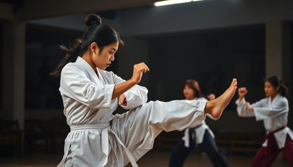 A dynamic scene of female practitioners engaged in the traditional Indonesian martial art of Tarung Derajat. In the foreground, a woman in a white uniform expertly executes a powerful kick, her expression focused and determined. In the middle ground, two other women spar intensely, their movements fluid and graceful. The background depicts a dimly lit training hall, the air thick with the energy of their discipline. Soft, dramatic lighting casts dramatic shadows, highlighting the strength and precision of their techniques. The overall mood is one of empowerment, showcasing the integral role women play in this captivating and culturally significant sport.