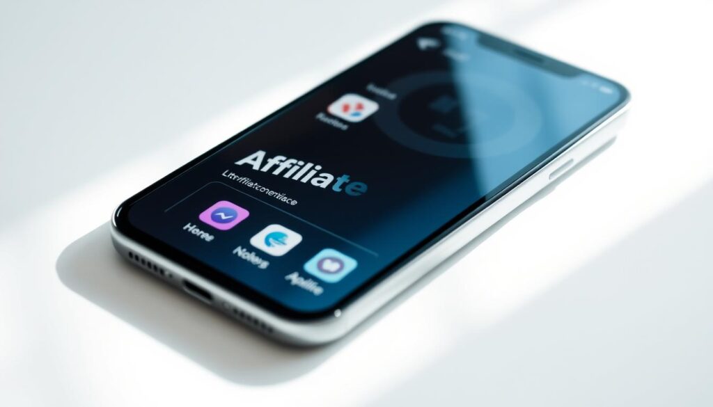 A mobile application interface with a prominent "Affiliate" section, showcasing various app icons, logos, and links. The scene is set in a modern, clean design with a light, airy atmosphere. The layout emphasizes the monetization opportunities available through affiliate partnerships, with intuitive navigation and clear call-to-action buttons. Soft, directional lighting illuminates the screen, creating depth and highlighting the key elements. The overall composition conveys the potential to generate income through strategic application development and affiliate marketing.