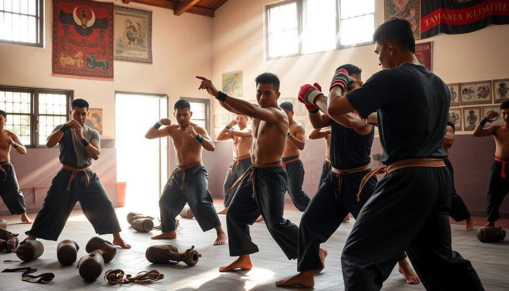 A vibrant gathering of passionate martial artists, the komunitas tarung derajat, their movements fluid and powerful as they train together in a dedicated dojo. Beams of sunlight filter through the windows, casting a warm glow over the scene. Worn leather pads and hand wraps lay scattered, testament to their unwavering commitment. In the background, traditional Indonesian artwork and banners adorn the walls, infusing the space with a sense of cultural heritage. The athletes, their faces determined yet focused, execute precise strikes and blocks, their bodies in perfect harmony. This image captures the essence of the tarung derajat community, a testament to the discipline, camaraderie, and spirit that defines this uniquely Indonesian martial art.