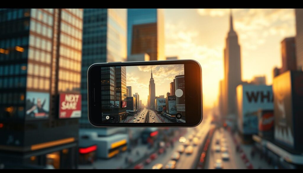 A detailed, cinematic 4K video frame showcasing a high-quality iPhone display, meticulously rendered with striking clarity and depth. The scene depicts a vibrant urban landscape, with skyscrapers and bustling streets in the background, all bathed in warm, golden-hour lighting. In the foreground, the phone's screen takes center stage, displaying a sharp, high-definition video playback with rich colors and smooth, fluid motion. The composition emphasizes the impressive technical capabilities of the iPhone, conveying a sense of awe and visual delight.