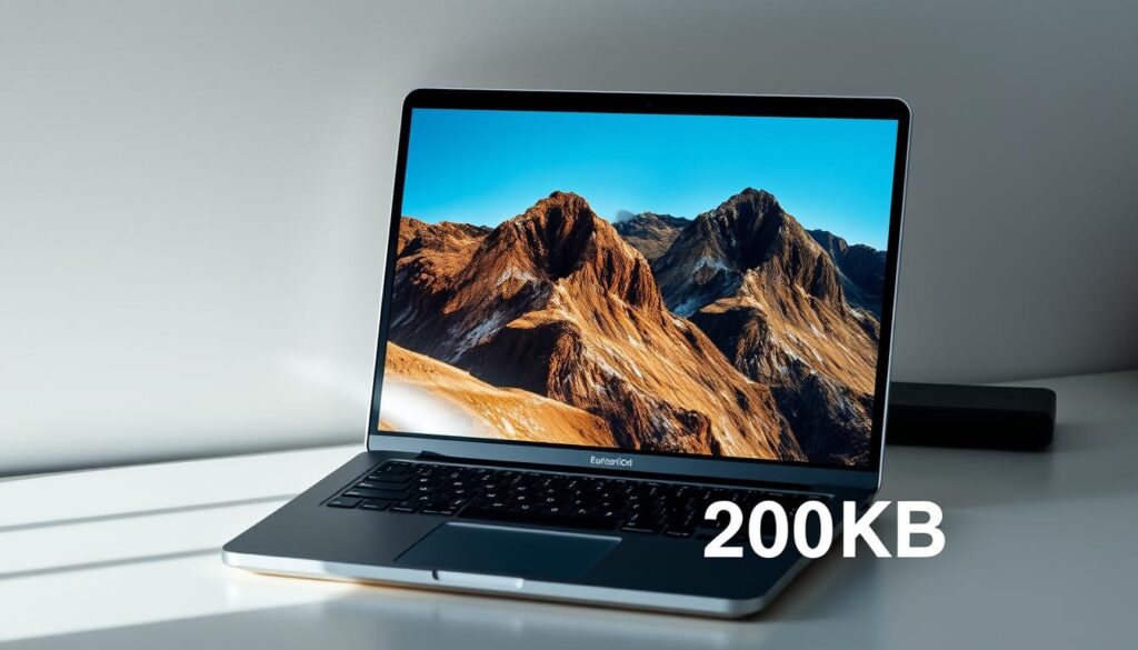 A digital photograph displayed on a laptop screen, showcasing the contrast between a high-quality 4K image and its compressed 200KB counterpart. The 4K image is crisp and vibrant, with intricate details and rich colors, while the compressed version appears slightly pixelated and less saturated, illustrating the potential quality loss during compression. The laptop is placed on a clean, minimalist desk, with a simple background that allows the comparison to take center stage. Soft, diffused lighting from the side creates depth and highlights the textures of the screen and surroundings. The overall composition conveys a sense of thoughtful evaluation, inviting the viewer to critically examine the impact of compression on image quality.