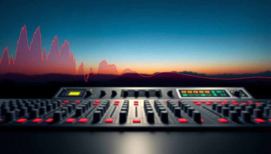 A high-quality waveform diagram in the foreground, featuring intricate details and vibrant colors that represent the various frequencies and amplitudes of an audio signal. In the middle ground, a sleek, minimalist audio mixing console with precise knobs and sliders, conveying the idea of audio management and manipulation. The background should be a serene, abstract landscape with subtle gradients and soft lighting, creating a calming and contemplative atmosphere that reflects the technical and analytical nature of the subject matter.
