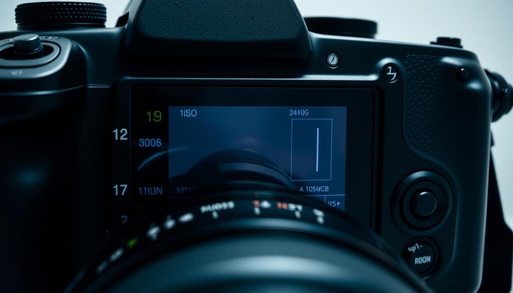 A high-resolution digital camera with a professional-grade lens, capturing a sharp, detailed image of a camera viewfinder display. The viewfinder shows the camera's technical settings, including aperture, shutter speed, ISO, and white balance. The image is well-lit, with a clean, minimalist background that allows the technical details to be the focal point. The overall mood is one of technical precision and control, conveying the idea of carefully crafting the perfect photograph.