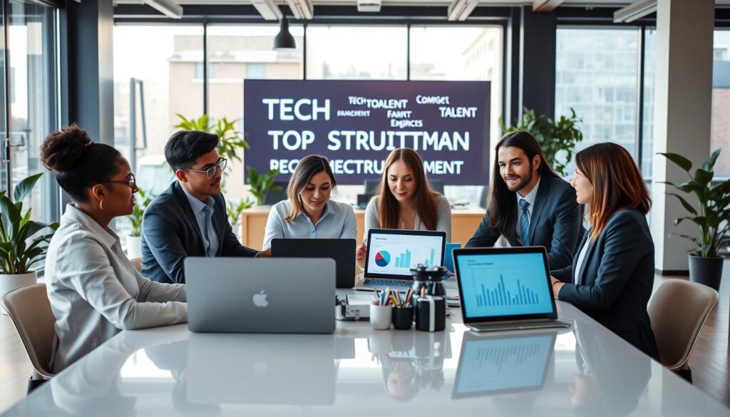 A modern, dynamic office space filled with diverse tech professionals collaborating on recruitment strategies. In the foreground, a group of four individuals in professional business attire are engaged in a brainstorming session around a sleek table covered with laptops and digital tablets displaying charts and graphs. The middle ground showcases a vibrant, open-plan environment with glass walls and greenery, symbolizing innovation and creativity. In the background, large windows allow soft, natural light to pour in, illuminating the workspace, while a digital screen displays keywords related to tech talent recruitment. The overall atmosphere is one of collaboration, energy, and a forward-thinking approach to attracting top technology talent. The scene should reflect professionalism and positivity, inviting viewers to understand the importance of effective tech talent recruitment strategies. A modern, dynamic office space filled with diverse tech professionals collaborating on recruitment strategies. In the foreground, a group of four individuals in professional business attire are engaged in a brainstorming session around a sleek table covered with laptops and digital tablets displaying charts and graphs. The middle ground showcases a vibrant, open-plan environment with glass walls and greenery, symbolizing innovation and creativity. In the background, large windows allow soft, natural light to pour in, illuminating the workspace, while a digital screen displays keywords related to tech talent recruitment. The overall atmosphere is one of collaboration, energy, and a forward-thinking approach to attracting top technology talent. The scene should reflect professionalism and positivity, inviting viewers to understand the importance of effective tech talent recruitment strategies.