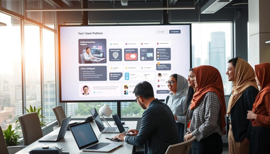 A modern tech talent platform interface displayed on a large, sleek screen in an innovative workspace. In the foreground, diverse professionals dressed in smart business attire and modest casual clothing engage with the platform, showing excitement and collaboration. The middle ground features a high-tech workstation with laptops, tablets, and digital interfaces highlighting artificial intelligence and UI/UX design tools. In the background, large windows reveal a vibrant cityscape, with soft, natural daylight pouring in, creating a warm and inspiring atmosphere. The scene is captured with a wide-angle lens, emphasizing the dynamic environment and the collaborative spirit of tech talent searching for opportunities. The overall mood is energetic and forward-thinking, showcasing Indonesia's thriving tech scene. A modern tech talent platform interface displayed on a large, sleek screen in an innovative workspace. In the foreground, diverse professionals dressed in smart business attire and modest casual clothing engage with the platform, showing excitement and collaboration. The middle ground features a high-tech workstation with laptops, tablets, and digital interfaces highlighting artificial intelligence and UI/UX design tools. In the background, large windows reveal a vibrant cityscape, with soft, natural daylight pouring in, creating a warm and inspiring atmosphere. The scene is captured with a wide-angle lens, emphasizing the dynamic environment and the collaborative spirit of tech talent searching for opportunities. The overall mood is energetic and forward-thinking, showcasing Indonesia's thriving tech scene.