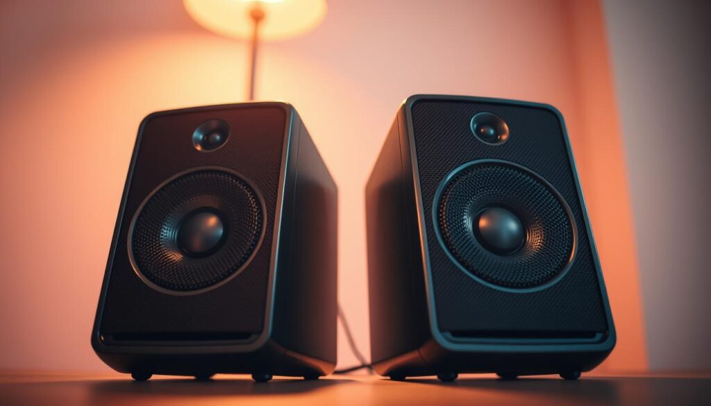 A pair of sleek, Bluetooth-enabled speakers standing side-by-side, bathed in warm, ambient lighting. The speakers are positioned at an angle, creating a sense of depth and emphasizing their stereo configuration. The foreground is sharp and in focus, showcasing the intricate speaker grilles and minimalist design. The background is softly blurred, creating a sense of depth and focus on the main subject. The overall scene conveys a modern, high-quality audio setup, ready to deliver an immersive stereo listening experience.