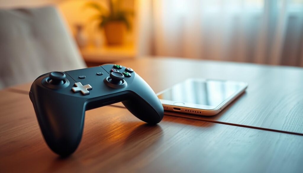 A sleek, compact iOS 18 game controller prominently featured in the foreground, showcasing its ergonomic design, black and silver accents, and responsive buttons. The controller's Bluetooth connectivity indicator subtly glows, adding a tech-savvy ambiance. In the middle ground, a stylish iOS device lies casually on a wooden table, highlighting its seamless pairing capability. The background is softly blurred to focus attention on the controller and device, with warm, inviting lighting to evoke a cozy gaming atmosphere. The scene is shot from a slightly elevated angle to capture depth, emphasizing the portability and modern aesthetic of the controller. The overall mood is dynamic yet relaxed, perfect for the gaming enthusiast. A sleek, compact iOS 18 game controller prominently featured in the foreground, showcasing its ergonomic design, black and silver accents, and responsive buttons. The controller's Bluetooth connectivity indicator subtly glows, adding a tech-savvy ambiance. In the middle ground, a stylish iOS device lies casually on a wooden table, highlighting its seamless pairing capability. The background is softly blurred to focus attention on the controller and device, with warm, inviting lighting to evoke a cozy gaming atmosphere. The scene is shot from a slightly elevated angle to capture depth, emphasizing the portability and modern aesthetic of the controller. The overall mood is dynamic yet relaxed, perfect for the gaming enthusiast.
