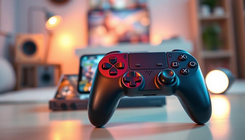 A sleek, modern game controller designed for iOS devices prominently displayed against a soft, blurred background of a gaming setup. The controller is highlighted in the foreground, showcasing its ergonomic design and vibrant color scheme. In the middle ground, a subtle hint of a smartphone with a gaming interface is visible, demonstrating the seamless pairing feature. The background features a cozy gaming environment with ambient lighting, creating an inviting atmosphere. The scene is illuminated by warm lights, casting gentle reflections on the controller, while a shallow depth of field emphasizes its high-quality build. The overall mood is energetic and trendy, appealing to gamers seeking a balance between price and quality. No text or logos are present in the image. A sleek, modern game controller designed for iOS devices prominently displayed against a soft, blurred background of a gaming setup. The controller is highlighted in the foreground, showcasing its ergonomic design and vibrant color scheme. In the middle ground, a subtle hint of a smartphone with a gaming interface is visible, demonstrating the seamless pairing feature. The background features a cozy gaming environment with ambient lighting, creating an inviting atmosphere. The scene is illuminated by warm lights, casting gentle reflections on the controller, while a shallow depth of field emphasizes its high-quality build. The overall mood is energetic and trendy, appealing to gamers seeking a balance between price and quality. No text or logos are present in the image.