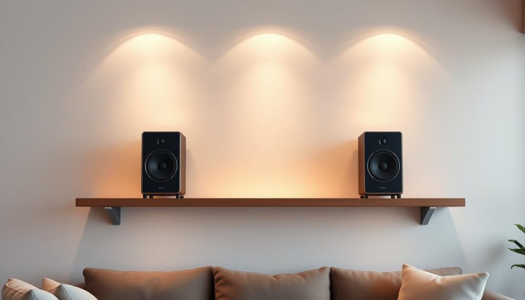 A sleek, modern living room with two Bluetooth speakers placed on floating shelves, strategically positioned for optimal stereo separation. Soft, indirect lighting casts a warm glow, creating an atmosphere of relaxation and sonic immersion. The speakers, rendered in high-detail, showcase their premium design with clean lines and metallic accents. The room's minimalist decor, with a focus on natural materials, complements the audio equipment, presenting a harmonious, tech-savvy space. The camera angle provides a balanced, frontal view, showcasing the speaker placement and highlighting their integration within the room's aesthetic.