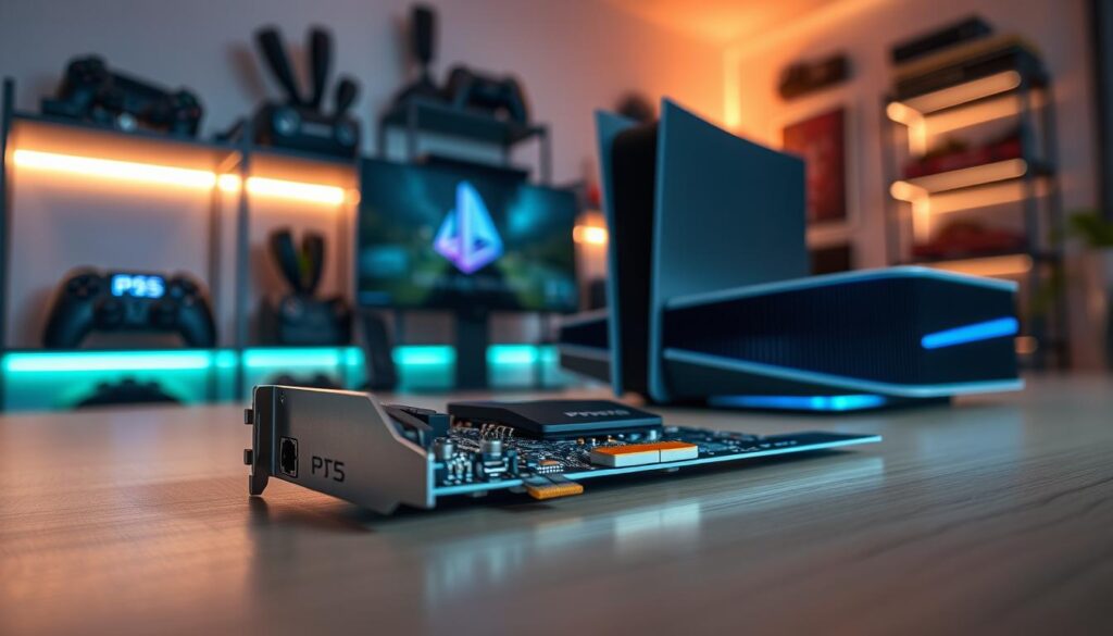 A close-up view of a high-performance M.2 SSD designed for the PS5, featuring a sleek, metallic design with a heat sink. The SSD is displayed prominently in the foreground, showcasing intricate details like its connectors and branding. In the middle ground, include a modern gaming setup, with a PS5 console partially visible, hinting at high-tech gaming vibes. The background features a softly lit room, with shelves holding gaming accessories and ambient LED lighting creating a tech-friendly atmosphere. Use a cool color palette with blues and blacks, highlighting the SSD's glossy surface. The image should have a sharp focus, with a slight vignette effect to enhance depth. Emphasize a feeling of cutting-edge technology and gaming excitement without any text or distractions. A close-up view of a high-performance M.2 SSD designed for the PS5, featuring a sleek, metallic design with a heat sink. The SSD is displayed prominently in the foreground, showcasing intricate details like its connectors and branding. In the middle ground, include a modern gaming setup, with a PS5 console partially visible, hinting at high-tech gaming vibes. The background features a softly lit room, with shelves holding gaming accessories and ambient LED lighting creating a tech-friendly atmosphere. Use a cool color palette with blues and blacks, highlighting the SSD's glossy surface. The image should have a sharp focus, with a slight vignette effect to enhance depth. Emphasize a feeling of cutting-edge technology and gaming excitement without any text or distractions.