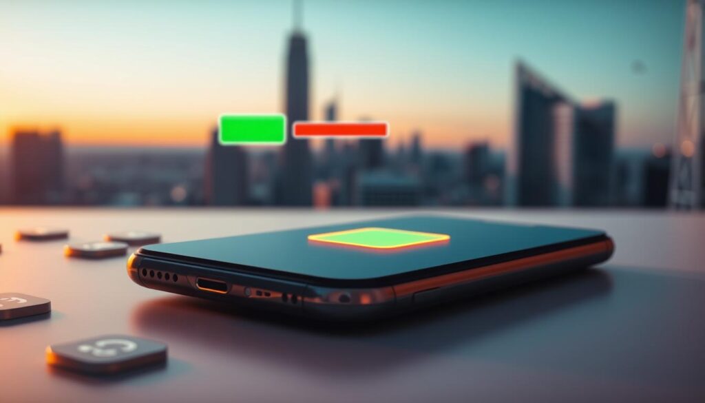 A close-up view of a smartphone with a visually striking battery icon, glowing vibrantly to indicate high power levels. In the foreground, the smartphone is displayed on a sleek, modern desk, surrounded by faint outlines of popular app icons softly illuminated. The middle ground features a blurred graphic of a battery usage bar transitioning from green to red, symbolizing performance impacts. The background presents a soft-focus city skyline at dusk, hinting at the tech-savvy urban environment where smartphones are essential. The lighting is warm yet dynamic, resembling a tech ambiance, creating a mood of innovation and reliability. The image is sharp and clear, shot from a slightly elevated angle to enhance the smartphone’s features.