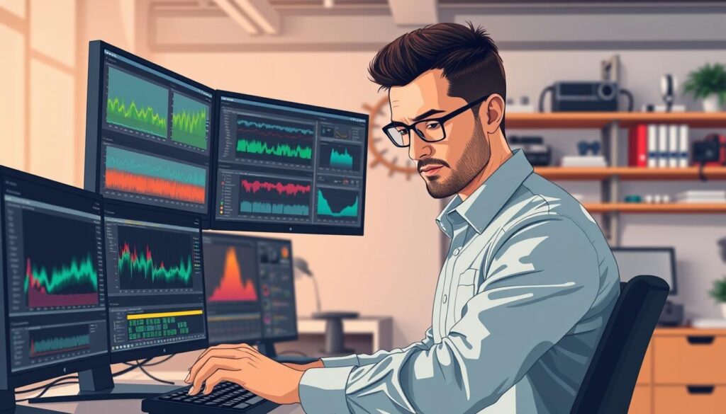 A detailed, visually engaging illustration representing the basics of video encoding. In the foreground, show a high-tech video editing workstation with a dual-monitor setup displaying complex encoding software screens filled with colorful graphs and charts. In the middle, include a professional video editor, dressed in smart casual attire, intently analyzing data and adjusting settings. The background features a modern office environment with soft, diffused lighting that creates a focused atmosphere, with shelves filled with video production equipment and reference materials. The angle should be a slightly elevated view to capture both the workstation and the editor's expressions. The mood should convey concentration and professionalism, highlighting the intricate world of video encoding and technology.