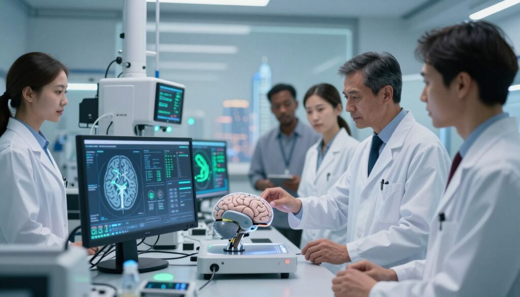 A futuristic laboratory scene showcasing advanced brain implant technology in a clinical setting. In the foreground, a diverse group of researchers in professional business attire, including white lab coats, are focused on a high-tech interface displaying brain scans and neural data. One researcher is gently handling a sleek, sophisticated brain implant device. In the middle ground, various state-of-the-art equipment and monitors are illuminated with soft blue and green lights, highlighting their cutting-edge design. The background reveals a glass wall with a view of a bright, optimistic cityscape, symbolizing the potential impact of this technology on society. The atmosphere is a blend of excitement and professionalism, with soft, focused lighting that enhances the innovation theme.