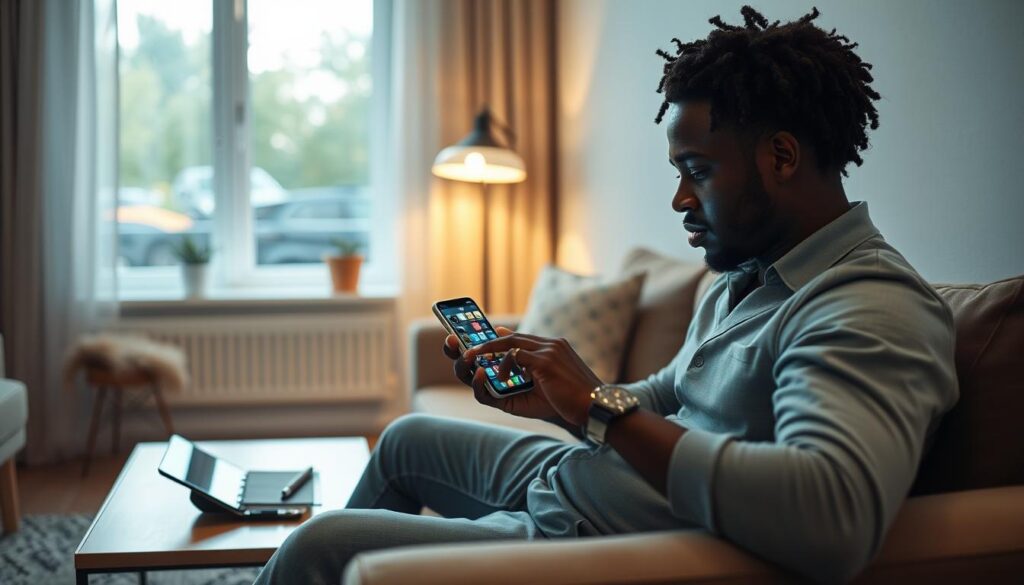 A modern smartphone user interacting with their device in a cozy, well-lit living room. In the foreground, a diverse individual casually dressed, sitting on a comfortable couch, attentively exploring various app interfaces displayed on the smartphone screen. The middle ground features a stylish coffee table with a tablet and a notepad, suggesting productivity and comfort. The background consists of soft, ambient lighting coming from a nearby lamp and a window revealing a sunny outdoor scene, enhancing a relaxed yet engaging atmosphere. The mood is inviting and user-friendly, highlighting ease of navigation and convenience in smartphone use. The setting is professional yet homely, emphasizing a pleasant user experience.