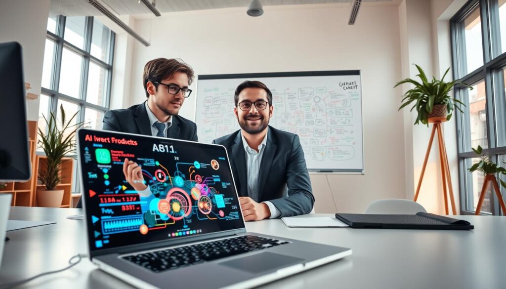 A modern workspace filled with creative energy, showcasing a diverse group of three individuals—two men and one woman—dressed in professional business attire, engaged in the collaborative process of developing AI-generated content. In the foreground, a laptop displays vibrant digital graphics and algorithms, highlighting the fusion of technology and creativity. The middle ground features a brainstorming whiteboard filled with colorful ideas and notes. In the background, large windows allow soft, natural light to pour in, creating an inviting and innovative atmosphere. The overall mood is one of inspiration and collaboration, symbolizing the benefits of AI-generated content in enhancing creativity and productivity for creators. Use a wide-angle lens perspective to capture the dynamic interaction among the team.