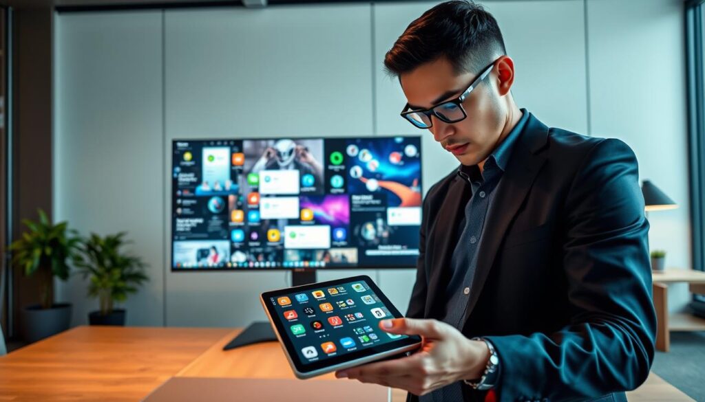 A modern workspace filled with innovative Android software applications in action. In the foreground, a professional individual in smart casual attire interacts with a sleek Android tablet, showcasing various colorful app icons displaying virtual assistants, multitasking features, and productivity tools. In the middle layer, a secondary monitor displays a flow of notifications and app interactions, symbolizing seamless connectivity and multitasking capabilities. The background features a minimalist office environment with soft, ambient lighting, creating a sophisticated atmosphere. The camera angle is slightly top-down, emphasizing the user experience with technology. Bright, engaging colors evoke a sense of innovation, dynamism, and a forward-thinking mindset.