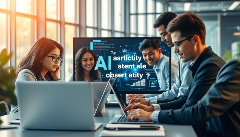 A professional workspace illustrating the concept of "Quality and Authenticity in AI-Generated Content." In the foreground, a diverse group of creators focused on their laptops, dressed in smart casual attire, showcasing collaboration and innovation. In the middle, the screen displays a blend of digital art and text, symbolizing AI creativity intertwined with human touch. The background features a modern office setting with large windows allowing soft, natural light to illuminate the scene, creating a warm and inviting atmosphere. The overall mood is one of optimism and inspiration, highlighting the potential of AI in enhancing content creation while emphasizing authenticity. The perspective should be slightly angled to include both the creators' expressions and their workspaces in detail.