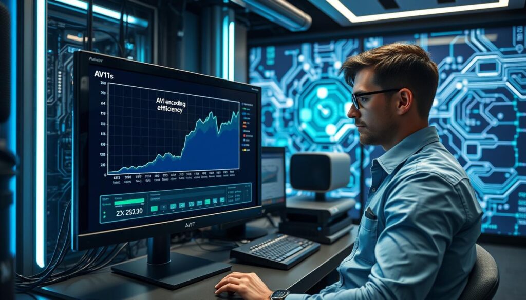 A sleek, futuristic workspace featuring a computer monitor displaying an animated graph illustrating AV1 encoding efficiency. In the foreground, a knowledgeable engineer in smart casual attire adjusts settings on the machine. The middle ground showcases high-tech equipment, cables, and LED lighting, reflecting a vibrant blue and green color palette. The background features a digital wall with abstract patterns symbolizing data transmission and compression, bathed in soft, white light. The overall atmosphere conveys a sense of innovation and cutting-edge technology, capturing the essence of modern video encoding advancements. Use a slight low-angle perspective to emphasize the engineer and the tech environment, highlighting the dynamic relationship between human expertise and technological progress.