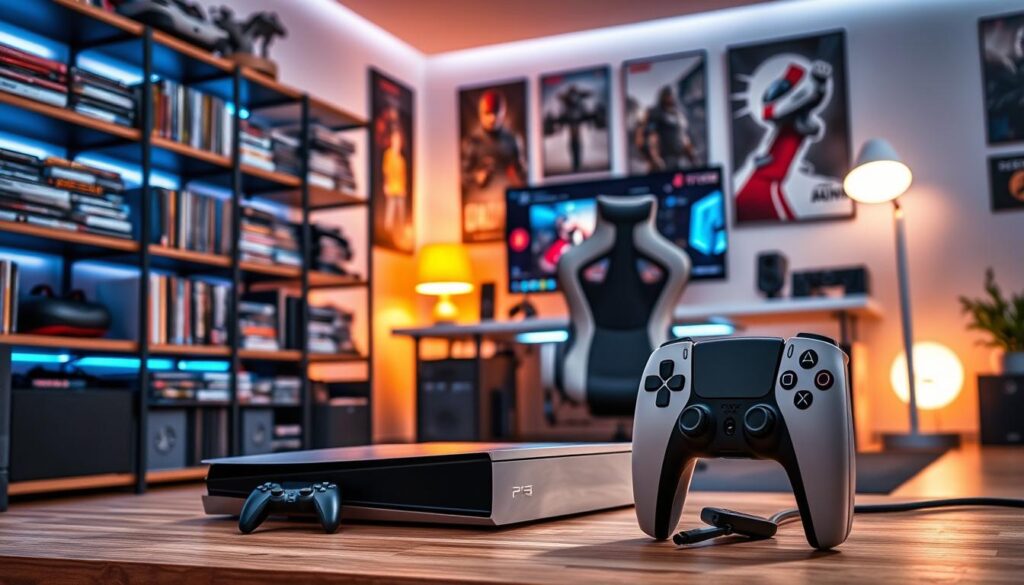 A sleek, modern gaming setup featuring a PlayStation 5 console prominently displayed in the foreground, surrounded by organized game storage solutions like shelves filled with game cases and a few gaming accessories neatly arranged. The middle ground includes an ergonomic gaming chair positioned next to a high-tech desk, with a large gaming monitor showcasing a vibrant game menu interface, illuminated by soft LED lighting. In the background, a stylish room decorated with gaming posters and ambient lighting creates an immersive atmosphere. A warm, inviting glow from the desk lamp adds a cozy vibe to the scene. Capture the image from a slightly elevated angle, emphasizing the organized storage strategies and the essence of efficient gaming management. A sleek, modern gaming setup featuring a PlayStation 5 console prominently displayed in the foreground, surrounded by organized game storage solutions like shelves filled with game cases and a few gaming accessories neatly arranged. The middle ground includes an ergonomic gaming chair positioned next to a high-tech desk, with a large gaming monitor showcasing a vibrant game menu interface, illuminated by soft LED lighting. In the background, a stylish room decorated with gaming posters and ambient lighting creates an immersive atmosphere. A warm, inviting glow from the desk lamp adds a cozy vibe to the scene. Capture the image from a slightly elevated angle, emphasizing the organized storage strategies and the essence of efficient gaming management.