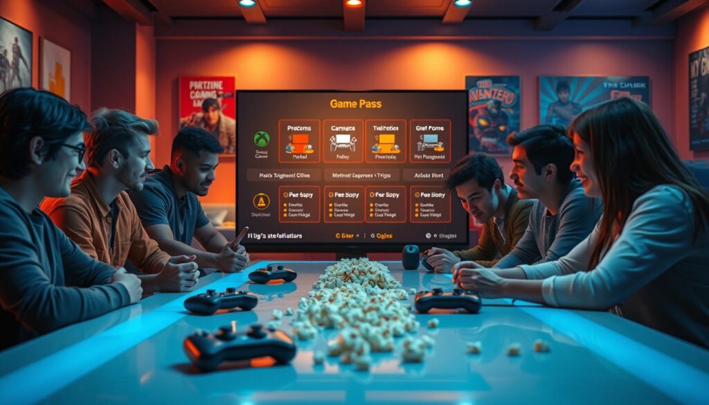 A vibrant and engaging scene showcasing a strategic pricing game pass concept. In the foreground, a diverse group of gamers is gathered around a sleek, modern table, deep in discussion, with visual elements like game controllers and popcorn scattered about. The middle ground features a digital display screen showing various pricing options and game titles, highlighting different gamer segments. In the background, a cozy gaming lounge with soft ambient lighting, colorful posters, and plush seating creates an inviting atmosphere. Capture the excitement and intrigue through warm lighting, using a cinematic angle that emphasizes the interaction among the gamers as they strategize. The overall mood should be upbeat and collaborative, reflecting the clever marketing strategy behind the low price of the game pass. A vibrant and engaging scene showcasing a strategic pricing game pass concept. In the foreground, a diverse group of gamers is gathered around a sleek, modern table, deep in discussion, with visual elements like game controllers and popcorn scattered about. The middle ground features a digital display screen showing various pricing options and game titles, highlighting different gamer segments. In the background, a cozy gaming lounge with soft ambient lighting, colorful posters, and plush seating creates an inviting atmosphere. Capture the excitement and intrigue through warm lighting, using a cinematic angle that emphasizes the interaction among the gamers as they strategize. The overall mood should be upbeat and collaborative, reflecting the clever marketing strategy behind the low price of the game pass.