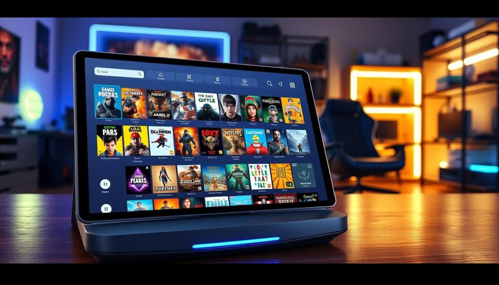 A vibrant digital artwork depicting a well-organized "game pass catalog" displayed on a sleek modern gaming console. In the foreground, showcase a tablet or screen with a colorful grid of game titles, featuring eye-catching box art and thumbnails. Include an assortment of genres like action, adventure, and puzzle games. The middle layer features the console, elegantly designed with ambient lighting reflecting its sleek curves. In the background, create a cozy gaming environment with a soft glow from LED lights, a comfortable gaming chair, and shelves filled with accessories. The lighting should be warm, reminiscent of a late-night gaming session, creating an inviting atmosphere. Use a slightly angled view to emphasize depth and intrigue without any text or logos. A vibrant digital artwork depicting a well-organized "game pass catalog" displayed on a sleek modern gaming console. In the foreground, showcase a tablet or screen with a colorful grid of game titles, featuring eye-catching box art and thumbnails. Include an assortment of genres like action, adventure, and puzzle games. The middle layer features the console, elegantly designed with ambient lighting reflecting its sleek curves. In the background, create a cozy gaming environment with a soft glow from LED lights, a comfortable gaming chair, and shelves filled with accessories. The lighting should be warm, reminiscent of a late-night gaming session, creating an inviting atmosphere. Use a slightly angled view to emphasize depth and intrigue without any text or logos.