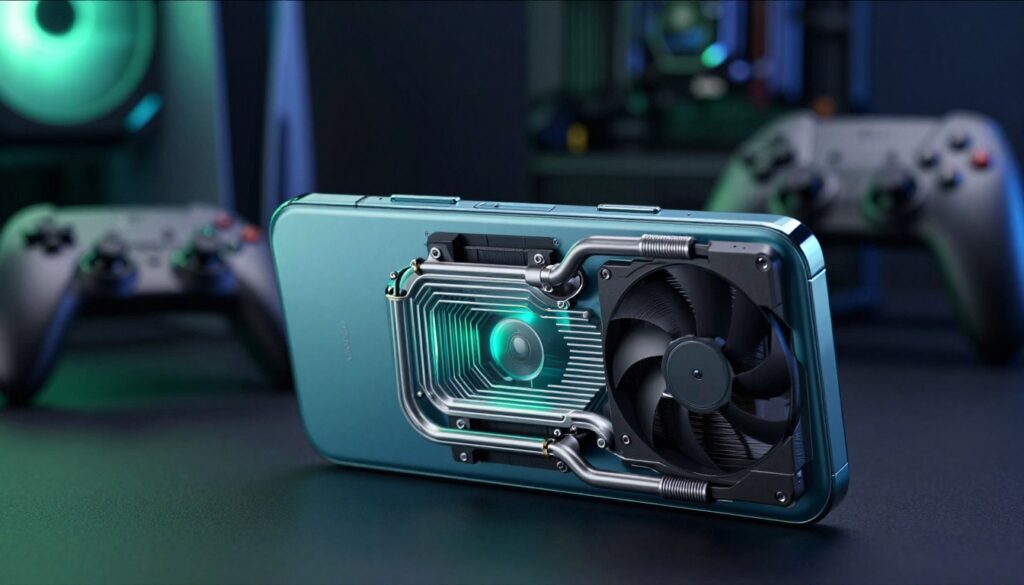 A close-up view of a modern smartphone gaming device equipped with an advanced cooling system, showcasing intricate cooling elements like heat pipes and a fan. The foreground features the smartphone angled at 45 degrees, catching soft, diffused lighting that highlights the sleek design and cooling components. In the middle ground, a subtle gaming environment is visible with a blurred gaming console and controllers. The background should be dark and atmospheric, giving a high-tech feel, possibly with neon light accents. Aim for a cool color palette with blues and greens to evoke a sense of innovation and performance. The composition should convey the importance of cooling systems in high-performance gaming, without any text or distractions. A close-up view of a modern smartphone gaming device equipped with an advanced cooling system, showcasing intricate cooling elements like heat pipes and a fan. The foreground features the smartphone angled at 45 degrees, catching soft, diffused lighting that highlights the sleek design and cooling components. In the middle ground, a subtle gaming environment is visible with a blurred gaming console and controllers. The background should be dark and atmospheric, giving a high-tech feel, possibly with neon light accents. Aim for a cool color palette with blues and greens to evoke a sense of innovation and performance. The composition should convey the importance of cooling systems in high-performance gaming, without any text or distractions.