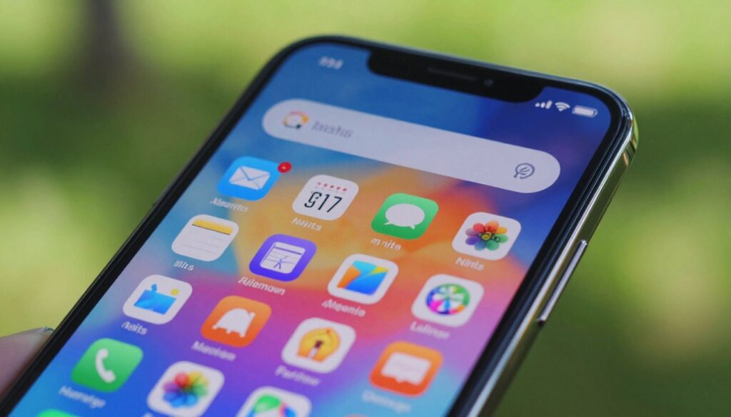 A close-up view of a smartphone screen displaying a bright, clearly defined interface under direct sunlight, illustrating the concept of screen brightness measured in nits. In the foreground, highlight the vibrant colors and sharp details of the display, showcasing various app icons and a dynamic background. The middle ground should feature subtle reflections of sunlight on the screen to emphasize the brightness, while ensuring all elements are in focus. In the background, include a blurred outdoor setting with lush greenery, suggesting a bright day. The lighting should be bright, capturing the essence of a sunny environment, evoking a sense of clarity and quality. The overall mood is professional and illustrative, aimed at conveying the advanced features of automatic brightness adjustment.