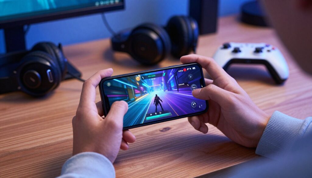 A close-up view of the Galaxy M55 smartphone, displaying its sleek design and vibrant screen featuring dynamic gaming graphics. In the foreground, the device is centered on a stylish wooden desk, with hands using it, showcasing an immersive gaming experience. The hands are dressed in casual modern clothing, comfortably engaged with the phone. In the middle ground, elements like a gaming headset and a controller are subtly placed to highlight the gaming theme. The background features a softly blurred ambient environment with cool blue lighting, evocative of a high-tech gaming setup. The composition is shot from a slightly elevated angle with soft focus on the phone, creating a focused and dynamic atmosphere, emphasizing performance and capability.