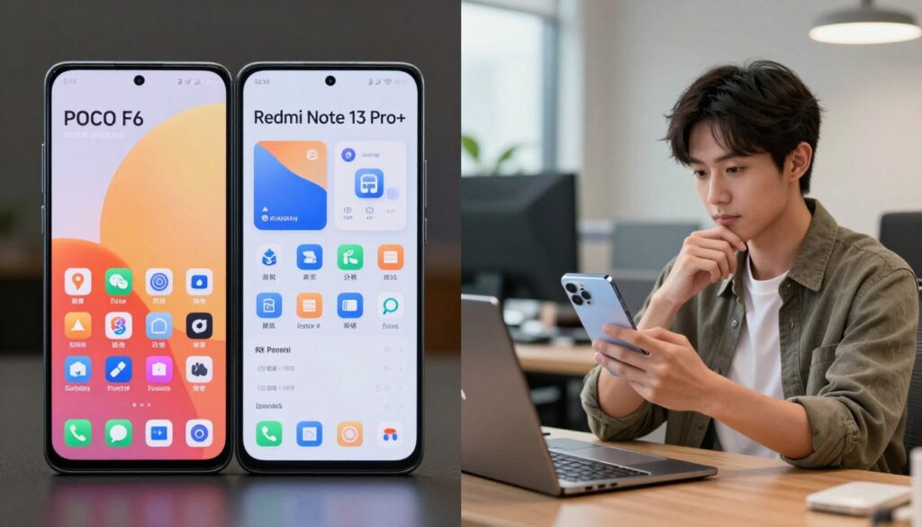 A split-screen comparison showcasing the software interfaces of two smartphones, the POCO F6 on one side and the Xiaomi Redmi Note 13 Pro+ on the other. In the foreground, vividly display their distinct home screens with icons and settings menus in sharp detail. The middle ground features a user interacting with each device, dressed in smart casual attire, thoughtfully exploring the software features. In the background, create a blurred office environment, suggesting a modern workspace with soft ambient lighting. Use a wide-angle lens perspective to emphasize both phones while capturing subtle reflections and sleek designs. The mood is professional and engaging, highlighting the user experience and optimal performance of both devices. A split-screen comparison showcasing the software interfaces of two smartphones, the POCO F6 on one side and the Xiaomi Redmi Note 13 Pro+ on the other. In the foreground, vividly display their distinct home screens with icons and settings menus in sharp detail. The middle ground features a user interacting with each device, dressed in smart casual attire, thoughtfully exploring the software features. In the background, create a blurred office environment, suggesting a modern workspace with soft ambient lighting. Use a wide-angle lens perspective to emphasize both phones while capturing subtle reflections and sleek designs. The mood is professional and engaging, highlighting the user experience and optimal performance of both devices.