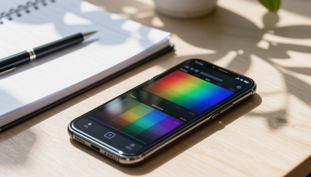 A vibrant, professional image displaying an optimal smartphone screen testing setup under direct sunlight. In the foreground, a sleek smartphone with a bright, visible screen showcasing different brightness levels and color calibration tests. The middle ground features a well-organized workspace with a notebook and a pen, suggesting meticulous note-taking for the tests. The background has a sunny outdoor setting with soft shadows cast by leafy trees, creating a contrast between bright sunlight and screen visibility. The lighting highlights the reflections on the smartphone's screen, emphasizing its clarity. The mood is focused and technical, capturing a sense of thoroughness in testing and evaluating smartphone displays for outdoor performance.